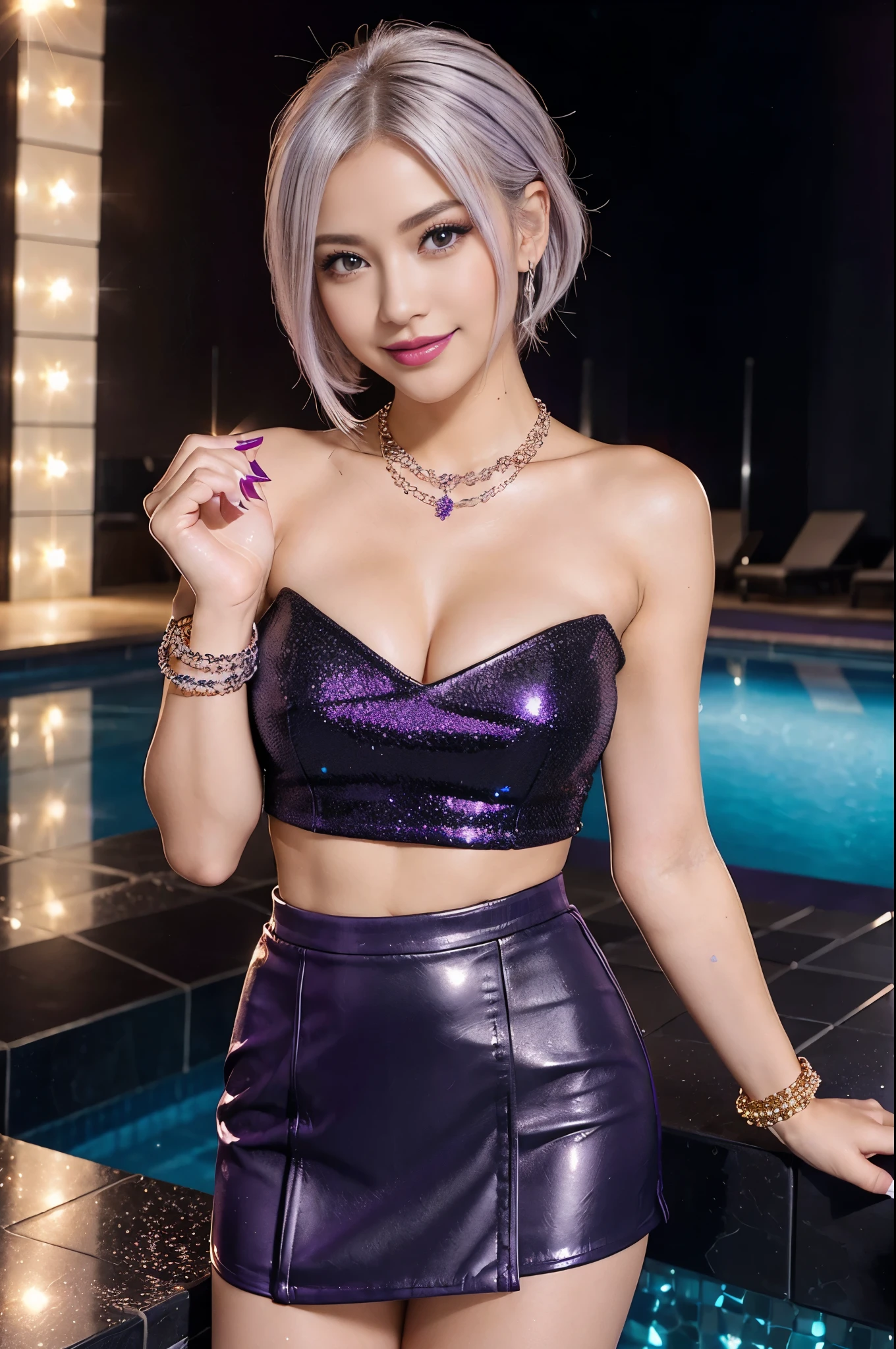 (nsfw), sexy female princess, sexy smile, long lashes, defined eyebrows, bold lipstick, lip-gloss, professional eye-makeup, (sparkling large necklace), (sparkling large bracelets), (dark purple leather mini skirt), (matching top), gyaru, very short sparkling platinum blonde hair, sparkling large hotel pool background, sweet and sexy, sparkling look