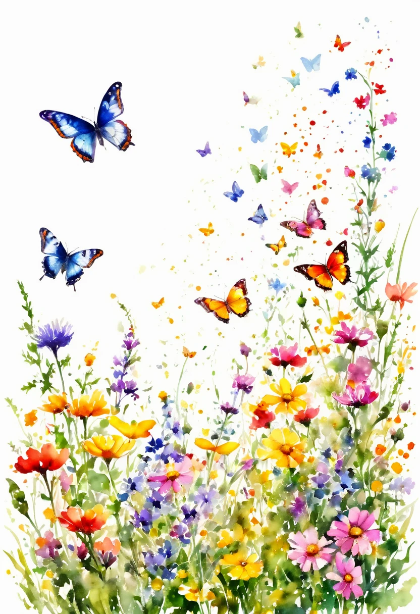 watercolor paint of butterflies extremely vivid variety of colors ,flying over a field of wild flowers ,vivid joy image white background