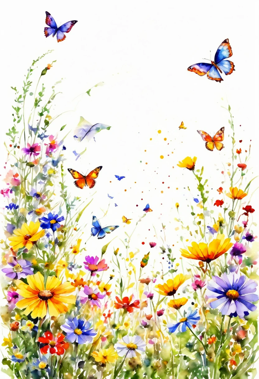 watercolor paint of butterflies extremely vivid variety of colors ,flying over a field of wild flowers ,vivid joy image white background