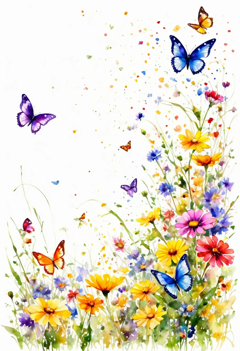 watercolor paint of butterflies extremely vivid variety of colors ,flying over a field of wild flowers ,vivid joy image white background