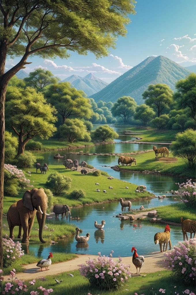 On the landscape with trees, river and flowers, create a bird, an elephant, a cat, a snake, a rooster, a duck, a tiger, a sheep,