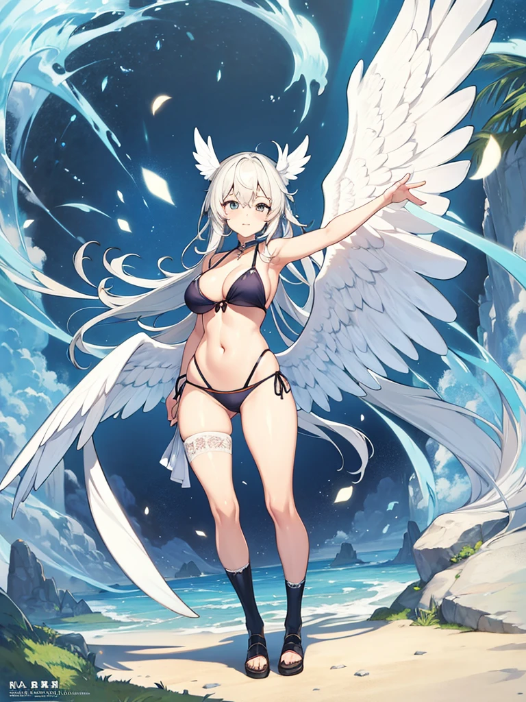 Sexy bikini, knee socks, white wing, Angel, twin tale, concept art, full body