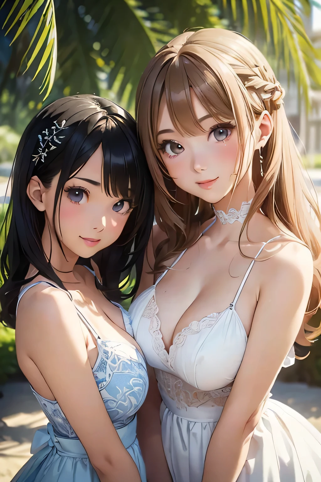 Highest quality、High resolution、Detailed Background、(Beautiful face in every detail:1.4)、Anatomically correct、Hide your fingers、(Detailed facial expressions)、(Detailed eyes:1.2)、Beautiful women in their 20s、(Highly detailed face:1.4)、(Huge breasts:1.2)、Cute hair colour、Bobcut、ponytail、Long Hair、Wavy Hairstyle、well-groomed eyebrows、Cute Eye Makeup、Cute Lip Makeup、Perfect body line、smile、Summer dresses give you a sexy and elegant look.、(Two beautiful girls looking at you with happy expressions:1.5)、Sandy Beach、Outdoor、very beautiful、Cute gestures