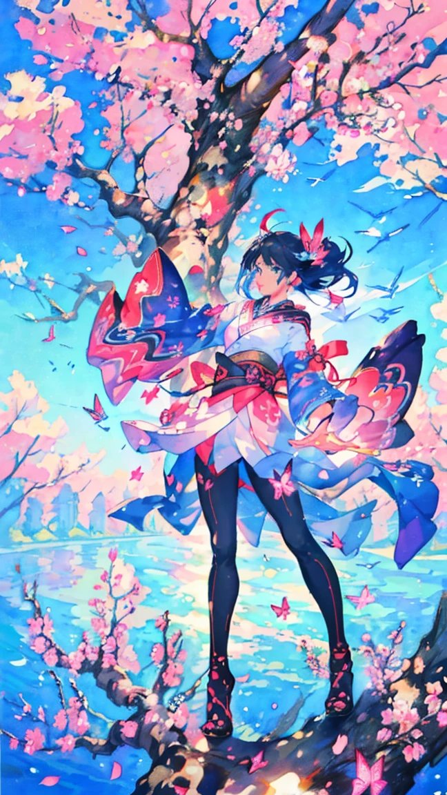 (luxurious masterpiece), (best quality), (dramatic) colorful smoke, spring, cherry blossom petals, beautiful butterfly, girl in beautiful kimono, ninja, kimono dancing like a butterfly, comic style, anime style illustration, wind , delicate, cool, cute, blue sky-colored hair, beautiful features, shiny hair, hair tied with a red ribbon, shuriken, from the front, fighting stance, throwing shuriken, watercolor painting, colorful, glitter, rays, art drawing brush, Blue eyes, watercolor clouds in the background, standing on a tree, overlooking the city, sparkling water drops, bright colors scattered