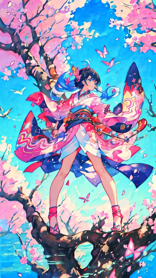 (luxurious masterpiece), (best quality), (dramatic) colorful smoke, spring, cherry blossom petals, beautiful butterfly, girl in beautiful kimono, ninja, kimono dancing like a butterfly, comic style, anime style illustration, wind , delicate, cool, cute, blue sky-colored hair, beautiful features, shiny hair, hair tied with a red ribbon, shuriken, from the front, fighting stance, throwing shuriken, watercolor painting, colorful, glitter, rays, art drawing brush, Blue eyes, watercolor clouds in the background, standing on a tree, overlooking the city, sparkling water drops, bright colors scattered