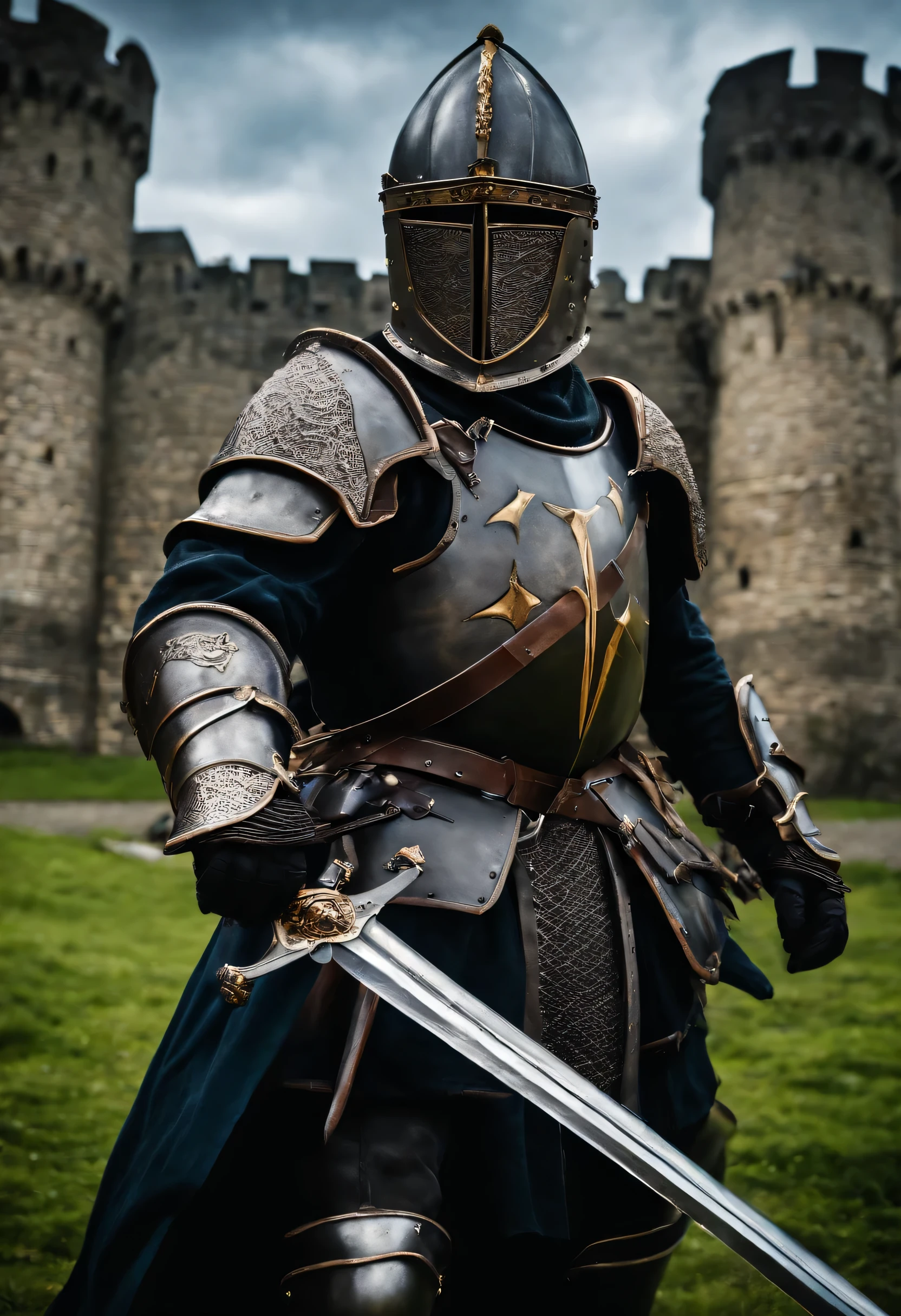A knight in armor, helmet and sword. close up. Dark armor. Castle in the background. attack enemies.