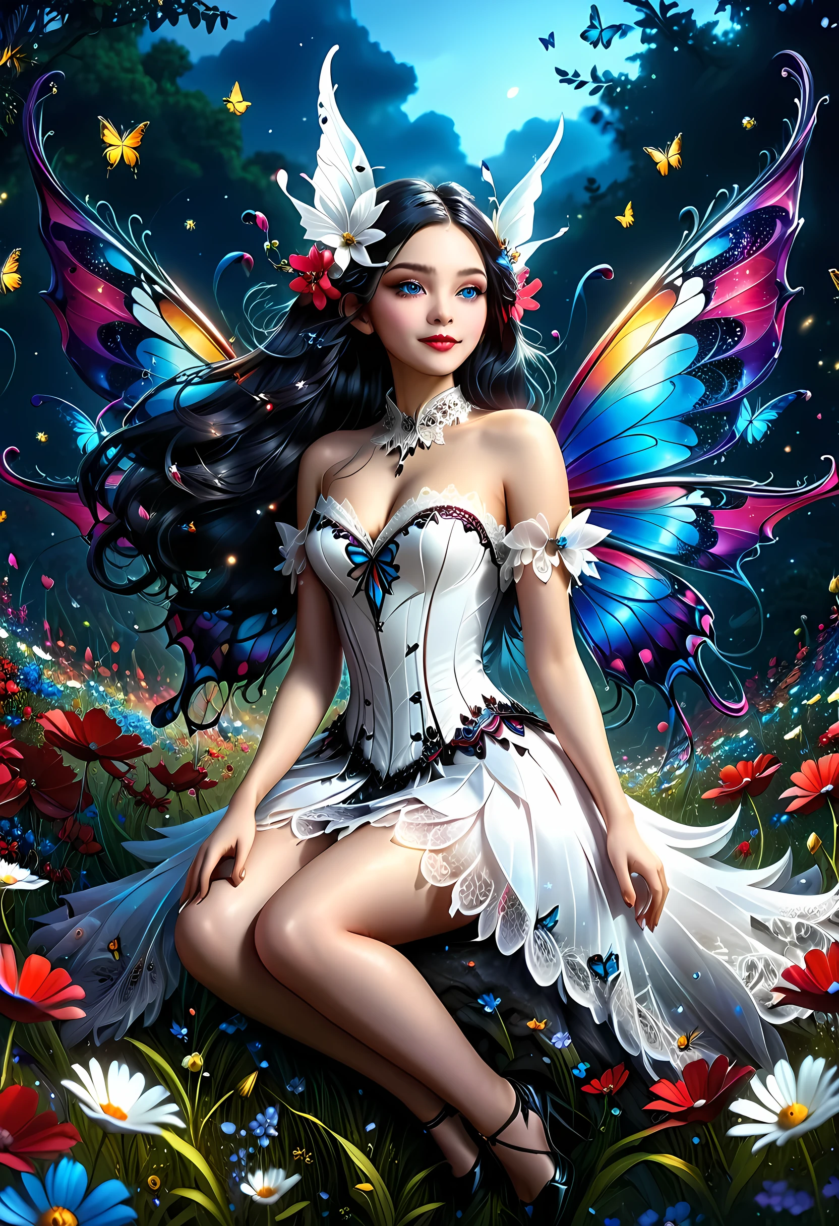 high details, best quality, 16k, RAW, [best detailed], masterpiece, best quality, (extremely detailed), full body, ultra wide shot, photorealistic, dark fantasy art, goth art, RPG art, D&D art, a picture of a dark female fairy resting in a flower meadow, extremely beautiful fairy, ultra feminine (intense details, Masterpiece, best quality), best detailed face (intense details, Masterpiece, best quality), having wide butterfly wings, spread butterfly wings (intense details, Masterpiece, best quality), dark colors wings (intense details, Masterpiece, best quality), black hair, long hair, shinning hair, flowing hair, shy smile, innocent smile, blue eyes, dark red lips, wearing ((white: 1.5)) lace dress (intense details, Masterpiece, best quality), ((white lace: 1.5)) corset (intense details, Masterpiece, best quality), dynamic elegant shirt, chocker, wearing high heels, in dark colored flower meadow (intense details, Masterpiece, best quality), (red flowers: 1.2) , (black flowers: 1.2), (white flowers: 1.2), (blue flowers: 1.3) [extreme many flowers] (intense details, Masterpiece, best quality), dark colorful flowers (intense details, Masterpiece, best quality), flower meadow in a dark goth field background, dim light, cinematic light, High Detail, Ultra High Quality, High Resolution, 16K Resolution, Ultra HD Pictures, 3D rendering Ultra Realistic, Clear Details, Realistic Detail, Ultra High Definition, lace drawing, betmd, DonMF41ryW1ng5XL
