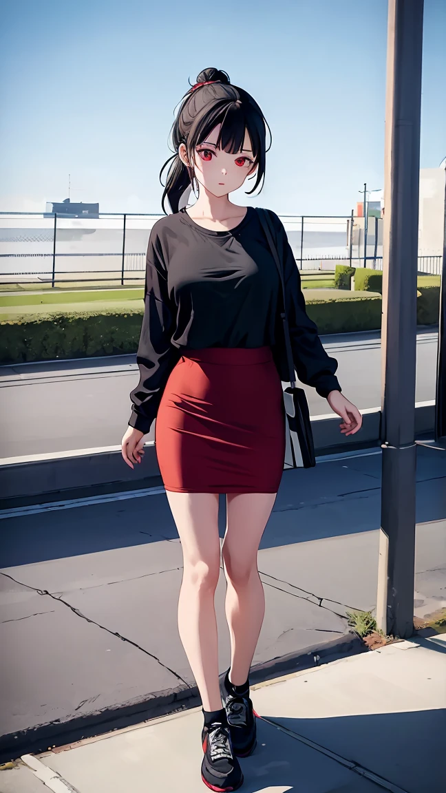Girl1,stranding,triangle face,red eyes,black hair,braided ponytail hairstyle,green t-shirt,Pencil skirt,highly detailed,HD,full body