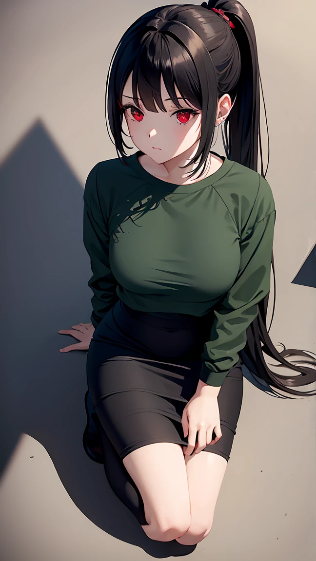 Black hair, emerald eyes, prominent black pupils, d cup breasts, black shirt, black skirt, mysterious, pantyhose, futanari bulge, fully clothed, art room