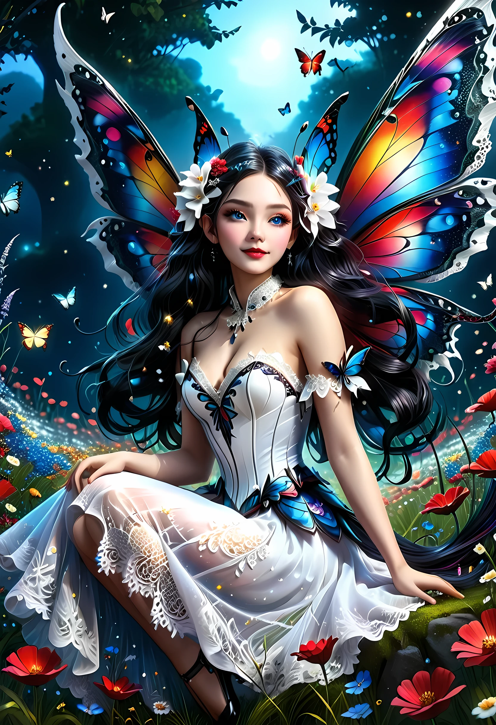 high details, best quality, 16k, RAW, [best detailed], masterpiece, best quality, (extremely detailed), full body, ultra wide shot, photorealistic, dark fantasy art, goth art, RPG art, D&D art, a picture of a dark female fairy resting in a flower meadow, extremely beautiful fairy, ultra feminine (intense details, Masterpiece, best quality), best detailed face (intense details, Masterpiece, best quality), having wide butterfly wings, spread butterfly wings (intense details, Masterpiece, best quality), dark colors wings (intense details, Masterpiece, best quality), black hair, long hair, shinning hair, flowing hair, shy smile, innocent smile, blue eyes, dark red lips, wearing ((white: 1.5)) lace dress (intense details, Masterpiece, best quality), ((white lace: 1.5)) corset (intense details, Masterpiece, best quality), dynamic elegant shirt, chocker, wearing high heels, in dark colored flower meadow (intense details, Masterpiece, best quality), (red flowers: 1.2) , (black flowers: 1.2), (white flowers: 1.2), (blue flowers: 1.3) [extreme many flowers] (intense details, Masterpiece, best quality), dark colorful flowers (intense details, Masterpiece, best quality), flower meadow in a dark goth field background, dim light, cinematic light, High Detail, Ultra High Quality, High Resolution, 16K Resolution, Ultra HD Pictures, 3D rendering Ultra Realistic, Clear Details, Realistic Detail, Ultra High Definition, lace drawing, betmd, DonMF41ryW1ng5XL
