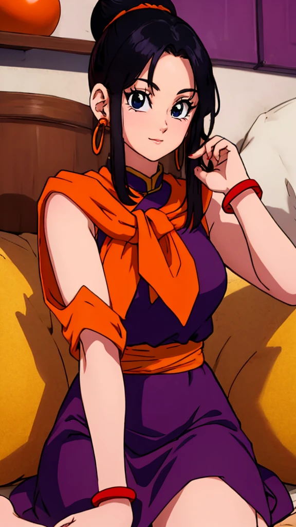 masterpiece, best quality, highest quality, photorealistic, perfect anatomy, perfect face, perfect eyes,
dbzch1ch1, sidelocks, bangs, single hair bun, hair bun, (black eyes), orange pashmina wrap, red sphere earrings , red wristbands, purple cheongsam, sexy  pose