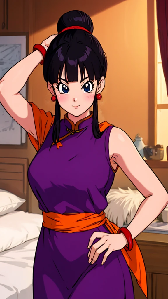 masterpiece, best quality, highest quality, photorealistic, perfect anatomy, perfect face, perfect eyes,
dbzch1ch1, sidelocks, bangs, single hair bun, hair bun, (black eyes), orange pashmina wrap, red sphere earrings , red wristbands, purple cheongsam, sexy  pose