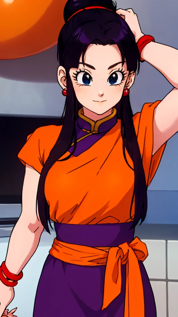 masterpiece, best quality, highest quality, photorealistic, perfect anatomy, perfect face, perfect eyes,
dbzch1ch1, sidelocks, bangs, single hair bun, hair bun, (black eyes), orange pashmina wrap, red sphere earrings , red wristbands, purple cheongsam, sexy  pose