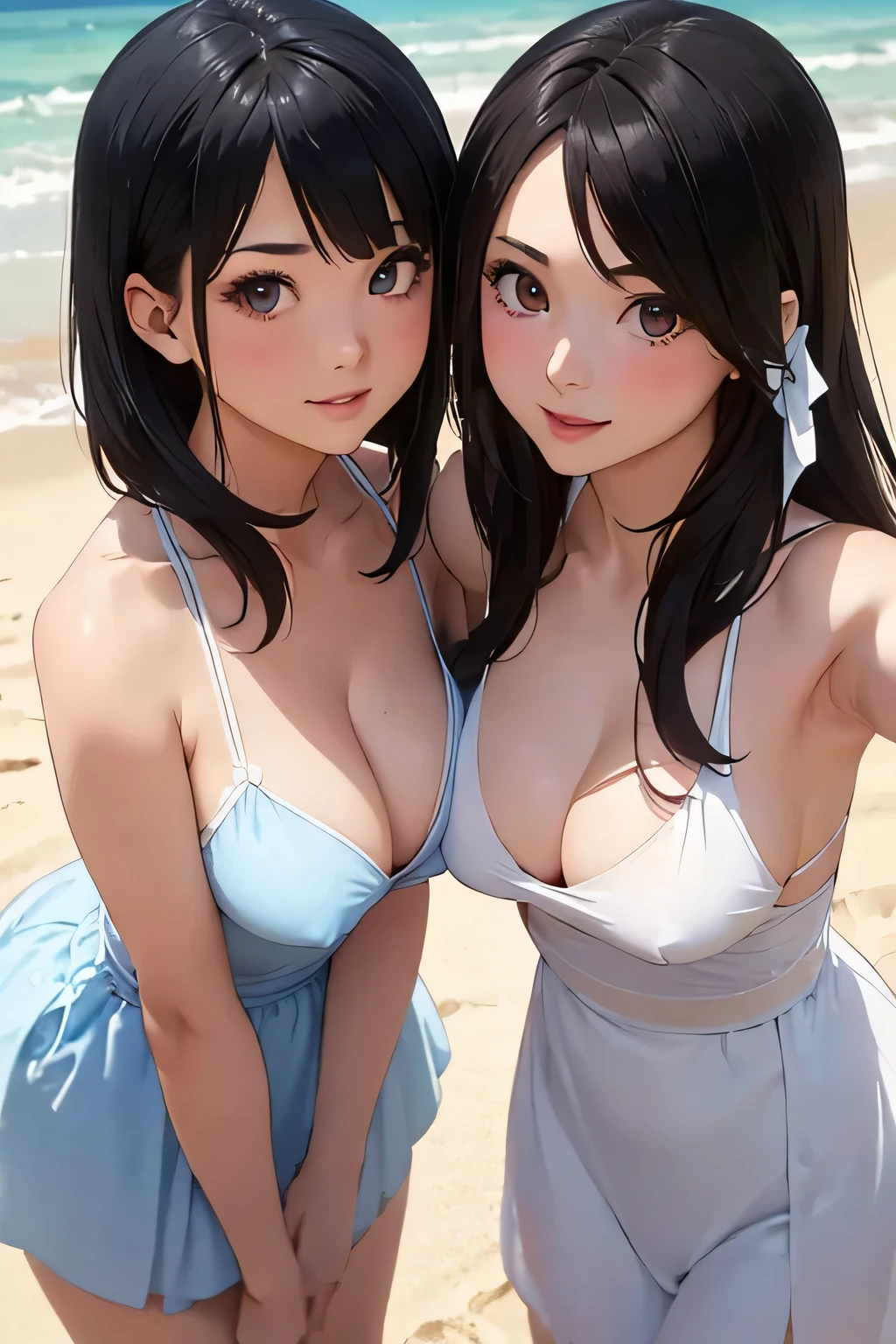 Highest quality、High resolution、Detailed Background、(Beautiful face in every detail:1.4)、Anatomically correct、Hide your fingers、(Detailed facial expressions)、(Detailed eyes:1.2)、Beautiful women in their 20s、(Highly detailed face:1.4)、(Huge breasts:1.2)、Cute hair colour、Bobcut、ponytail、Long Hair、Wavy Hairstyle、well-groomed eyebrows、Cute Eye Makeup、Cute Lip Makeup、Perfect body line、smile、Summer dresses give you a sexy and elegant look.、(Two beautiful girls looking at you with happy expressions:1.5)、Sandy Beach、Outdoor、very beautiful、Cute gestures