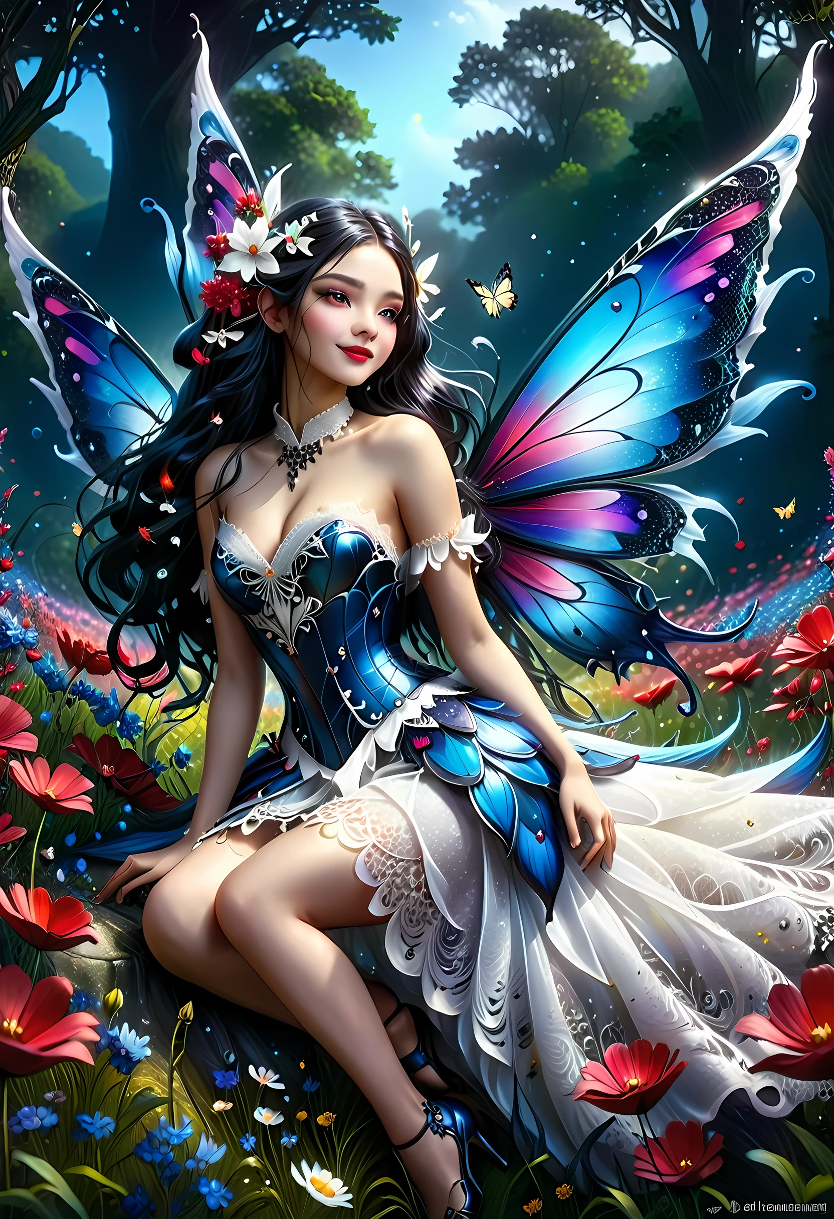 high details, best quality, 16k, RAW, [best detailed], masterpiece, best quality, (extremely detailed), full body, ultra wide shot, photorealistic, dark fantasy art, goth art, RPG art, D&D art, a picture of a dark female fairy resting in a flower meadow, extremely beautiful fairy, ultra feminine (intense details, Masterpiece, best quality), best detailed face (intense details, Masterpiece, best quality), having wide butterfly wings, spread butterfly wings (intense details, Masterpiece, best quality), dark colors wings (intense details, Masterpiece, best quality), black hair, long hair, shinning hair, flowing hair, shy smile, innocent smile, blue eyes, dark red lips, wearing ((white: 1.5)) lace dress (intense details, Masterpiece, best quality), ((white lace: 1.5)) corset (intense details, Masterpiece, best quality), dynamic elegant shirt, chocker, wearing high heels, in dark colored flower meadow (intense details, Masterpiece, best quality), (red flowers: 1.2) , (black flowers: 1.2), (white flowers: 1.2), (blue flowers: 1.3) [extreme many flowers] (intense details, Masterpiece, best quality), dark colorful flowers (intense details, Masterpiece, best quality), flower meadow in a dark goth field background, dim light, cinematic light, High Detail, Ultra High Quality, High Resolution, 16K Resolution, Ultra HD Pictures, 3D rendering Ultra Realistic, Clear Details, Realistic Detail, Ultra High Definition, lace drawing, betmd, DonMF41ryW1ng5XL
