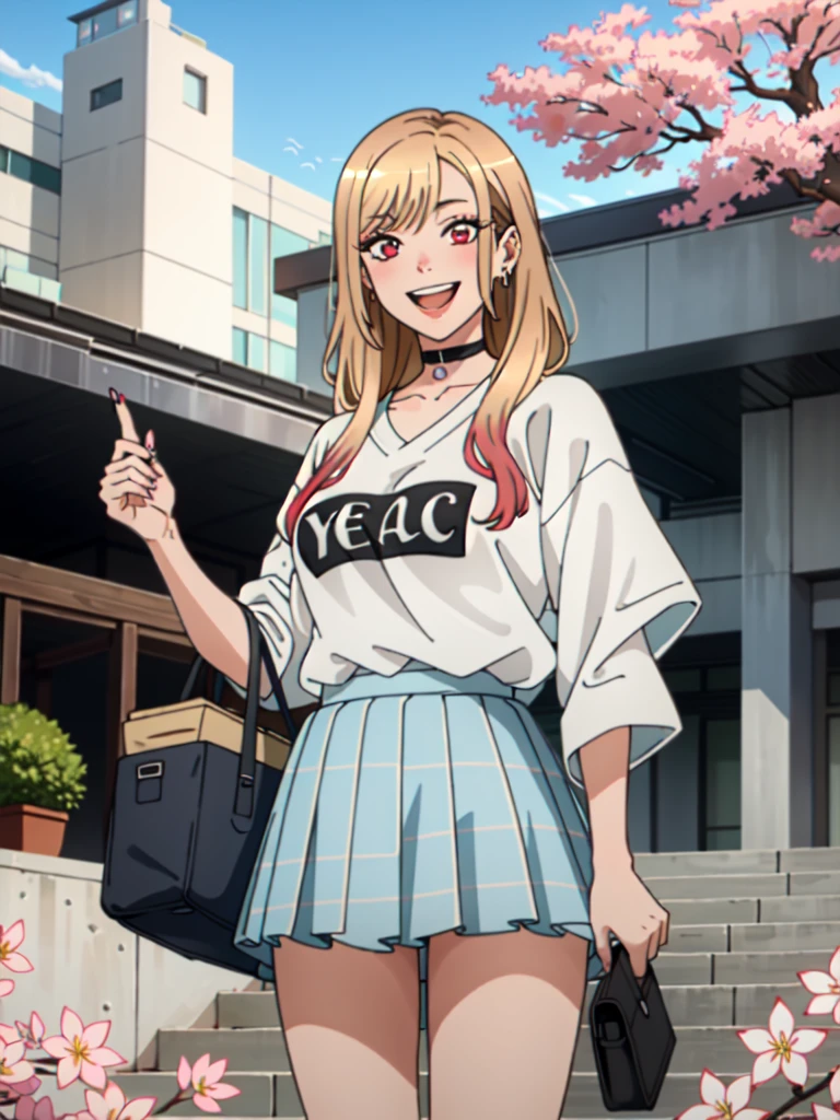 ((masterpiece, best quality)), yukata, japan, cherry blossoms, best quality, (masterpiece:1.2), detailed, kitagawa marin sb, 1girl, solo, open mouth, grin, smile, long hair, blonde hair, red eyes, multicolored hair, earrings, wearing a white Real Madrid tshirt, choker, white Real Madrid tshirt, pleated skirt, blue skirt, standing, looking at the viewer, outdoors,