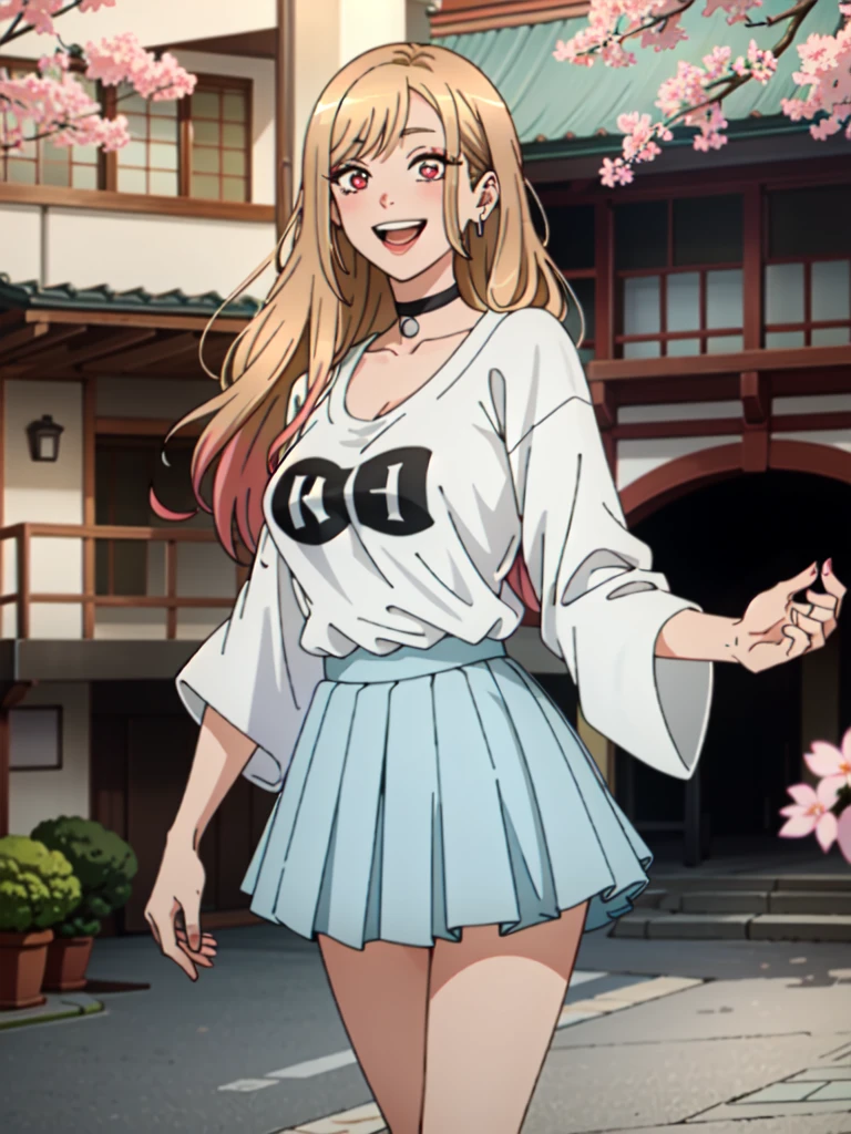 ((masterpiece, best quality)), yukata, japan, cherry blossoms, best quality, (masterpiece:1.2), detailed, kitagawa marin sb, 1girl, solo, open mouth, grin, smile, long hair, blonde hair, red eyes, multicolored hair, earrings, wearing a white Real Madrid tshirt, choker, white Real Madrid tshirt, pleated skirt, blue skirt, standing, looking at the viewer, outdoors,