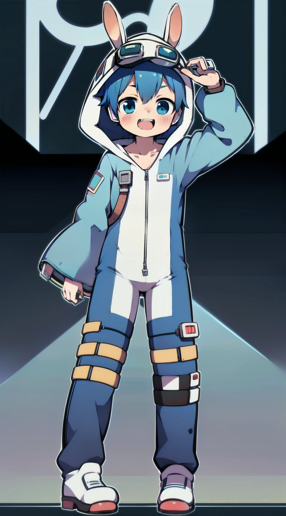 2D Shonen Shota,One-piece mountaineering suit,Slim, healthy body,Put the headphones on your head,stand up,goggles,Rabbit ears,Happy,Sailor collar,tie,zipper,hood,