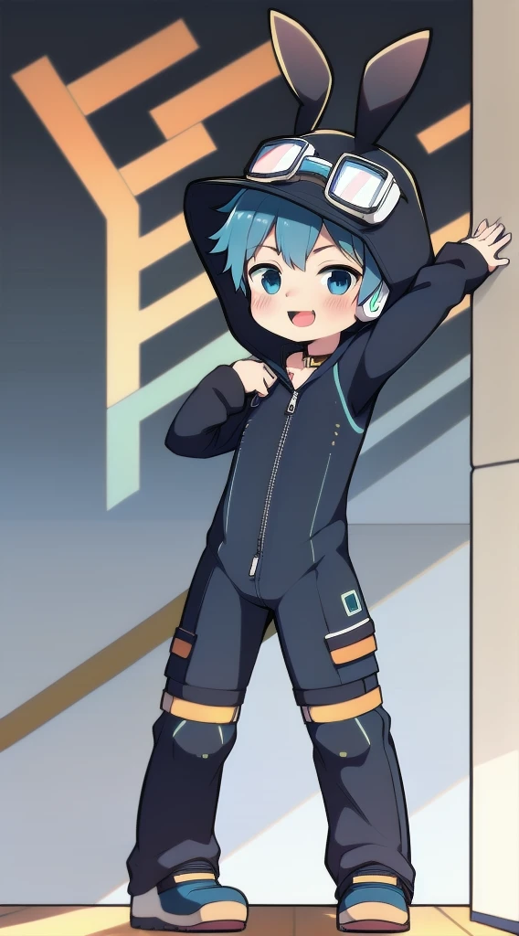 2D Shonen Shota，One-piece mountaineering suit，Slim, healthy body，Put the headphones on your head，stand up，goggles，Rabbit ears，Happy，Sailor collar，tie，zipper，hood，