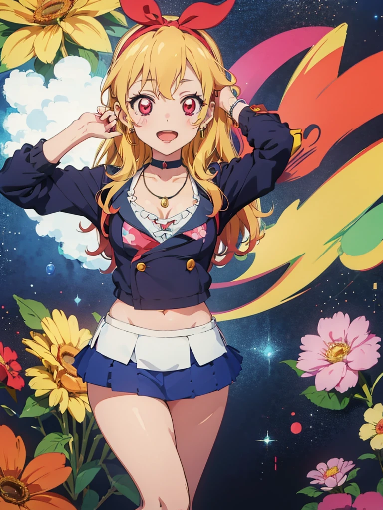 a beautiful female nurse kneeling in a hospital, dressed in nurse's uniform, 1girl, nurse, breasts, nurse cap, solo, blonde hair, thighhighs, cleavage, smile, choker, large breasts, long hair, red eyes, looking at viewer, hat, kitagawa marin, jewelry, black choker, black thighhighs, grin, earrings, piercing, ear piercing, bangs, collarbone,Marin Kitagawa ,Ichigo Hoshimiya (Aikatsu!),lol_i