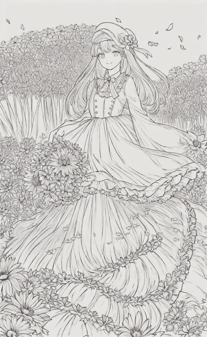 masterpiece, best quality, 1girl, solo, long_hair, looking_at_viewer, smile, bangs, skirt, shirt, long_sleeves, hat, dress, bow, holding, closed_mouth, flower, frills, hair_flower, petals, bouquet, holding_flower, center_frills, bonnet, holding_bouquet, flower field, flower field, lineart, monochrome,