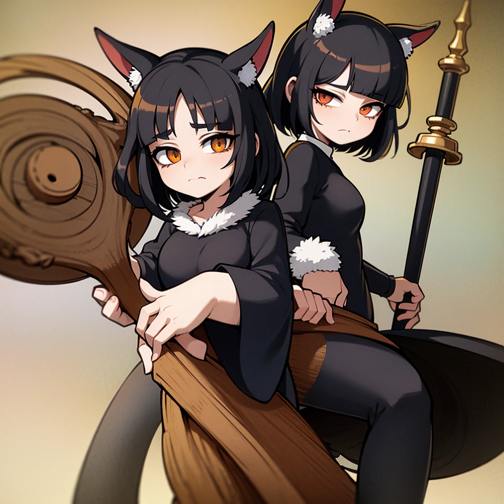 Rabbit anime girl with black fur, cute and a little tired brown eyes, anime Dungeon meshi, medium black wavy hair with bangs, wearing an exploration outfit, 21 years old, in various angles, cute, holding a magic staff, Furry rabbit, furry rabit, big eyes, hybrid