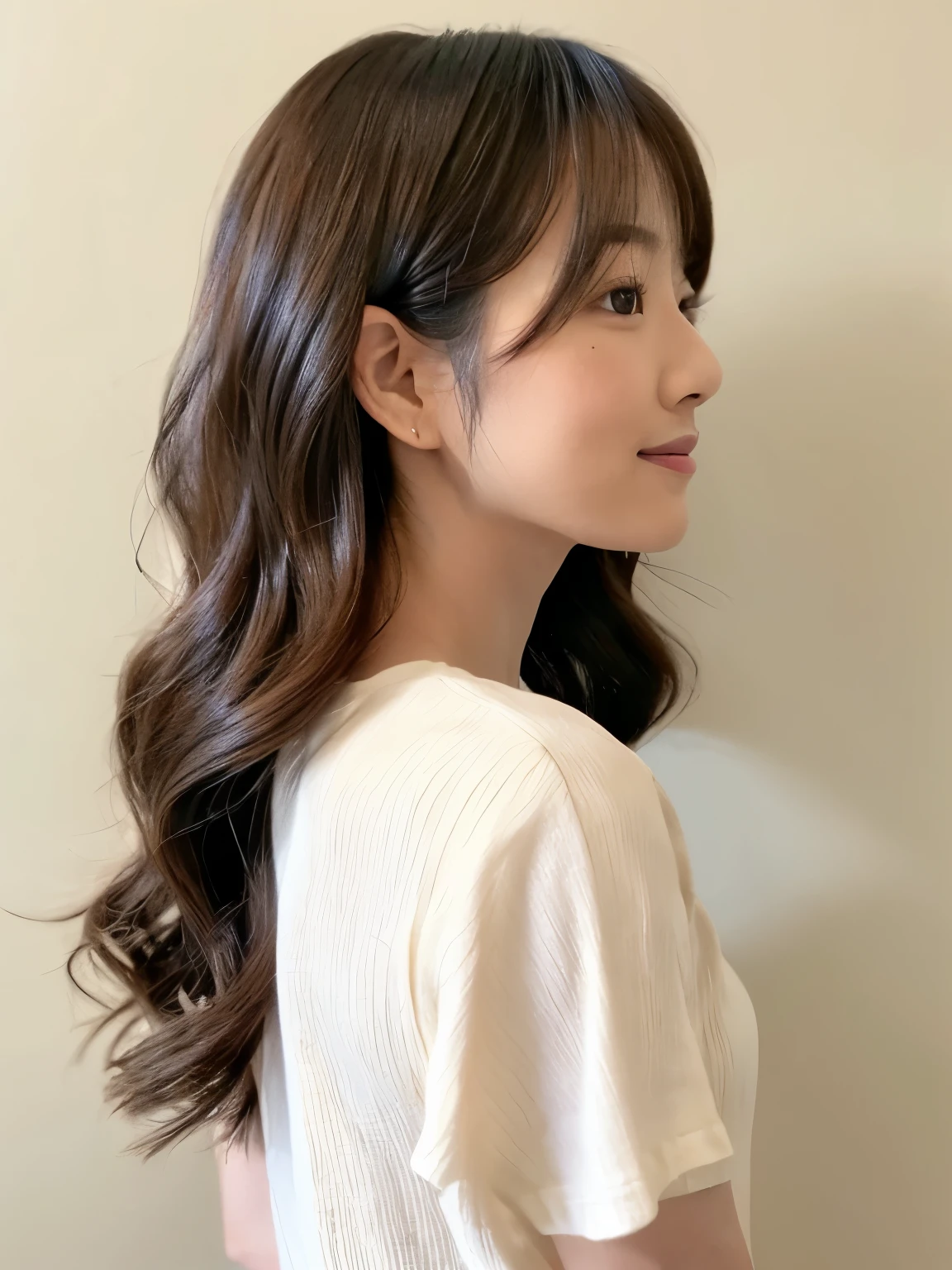 Stylish white short sleeve top、35-year-old Japanese woman、Silky Hair、30-year-old woman(Hair color is beige、Detailed Hair:1.4)、White wall、profile、Don&#39;Don&#39;t look at the camera、In front of the white door、(窓のあるWhite wallの部屋)、Dark pink hair color、Dark pink hair、((Highest quality、8K、masterpiece:1.3))、Ultra-high resolution、(photoGenuineistic:1.4)、RAW Photos、Japanese,(detailed aspects)、Genuine、Photographed in natural light、Highly detailed face and skin texture、Bobカット、Bob、short hair、Highly detailed lips、The correct state of the human body、Medium Hair、Natural color lip、Shiny Hair
