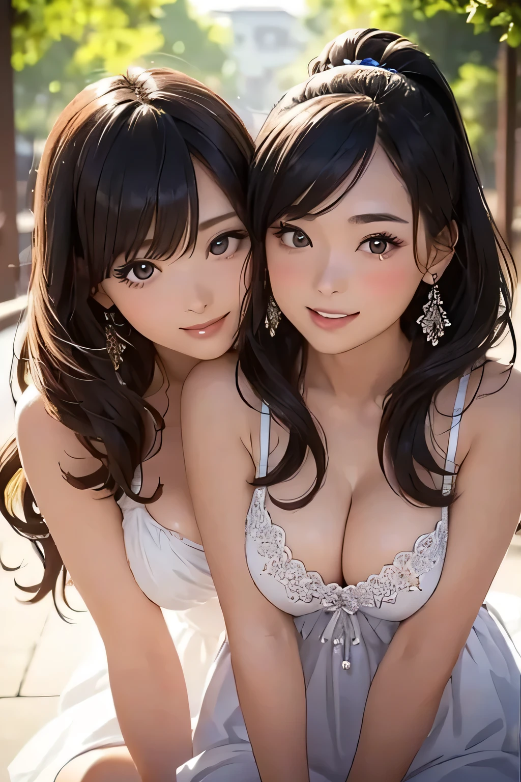 Highest quality、High resolution、Detailed Background、(Beautiful face in every detail:1.4)、Anatomically correct、Hide your fingers、(Detailed facial expressions)、(Detailed eyes:1.2)、Beautiful women in their 20s、(Highly detailed face:1.4)、(Huge breasts:1.2)、Cute hair colour、Bobcut、ponytail、Long Hair、Wavy Hairstyle、well-groomed eyebrows、Cute Eye Makeup、Cute Lip Makeup、Perfect body line、smile、Summer dresses give you a sexy and elegant look.、(Two beautiful girls looking at you with happy expressions:1.5)、Sandy Beach、Outdoor、very beautiful、Cute gestures