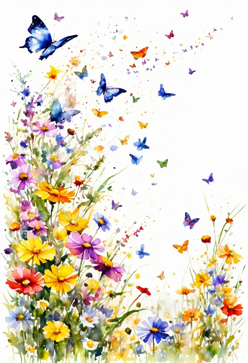 watercolor paint of butterflies extremely vivid variety of colors ,flying over a field of wild flowers ,vivid joy higth inertia image white background