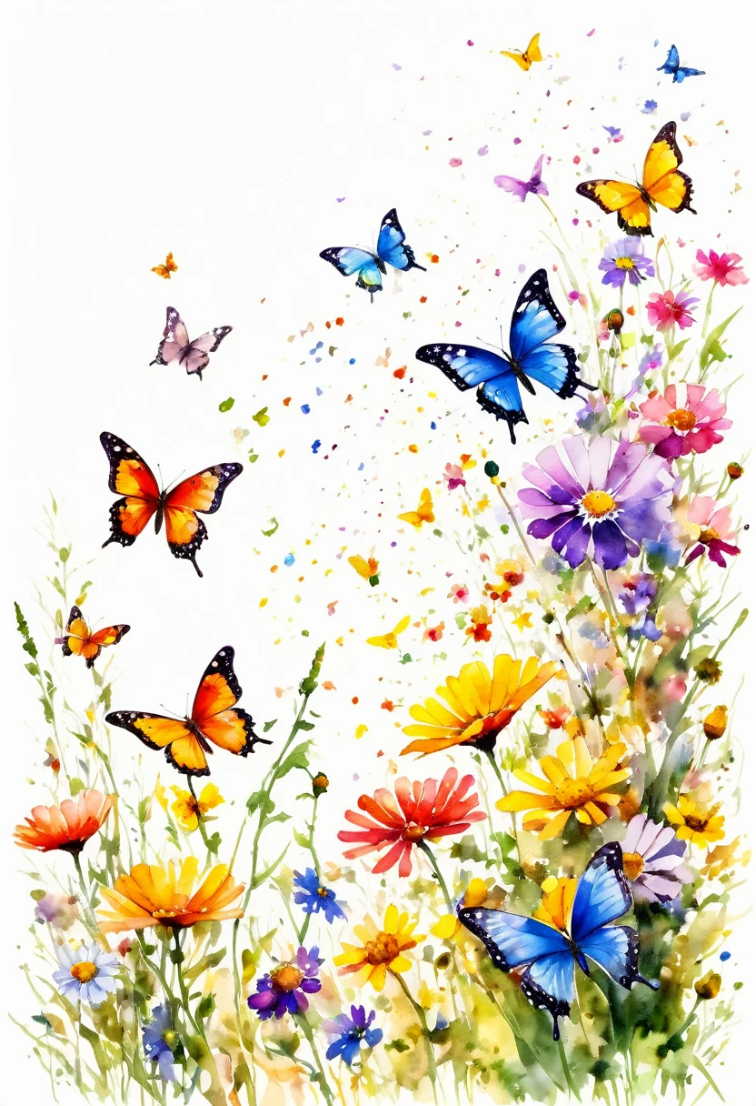 watercolor paint of butterflies extremely vivid variety of colors ,flying over a field of wild flowers ,vivid joy higth inertia image white background