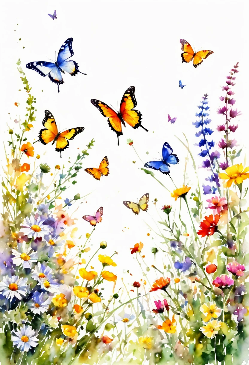 watercolor paint of butterflies extremely vivid variety of colors ,flying over a field of wild flowers ,vivid joy higth inertia image white background
