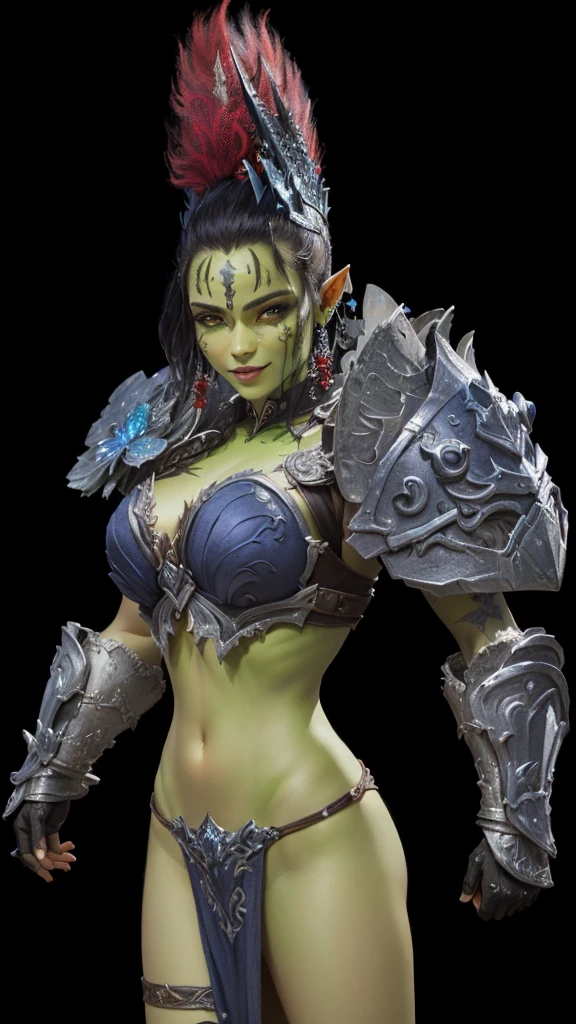 A orc woman in a red armor sitting on a grass with a sword orc girl green skin, detailed eyes, beautiful eyes, short hair, orc teeth, black mohawk hair, chinese ornaments, oil painting, vibrant colors, soft lighting, fantasy, magical, ethereal, mystical, delicate features, intricate details, leather armor, graceful pose, enchanting atmosphere, dreamlike background, misty forest, sparkling dust, bewitching smile, otherworldly charm, mythical creature, whimsical, enchantress, captivating presence, graceful movements. (best quality, highres, ultra-detailed, photorealistic), HDR, vivid colors, bokeh,