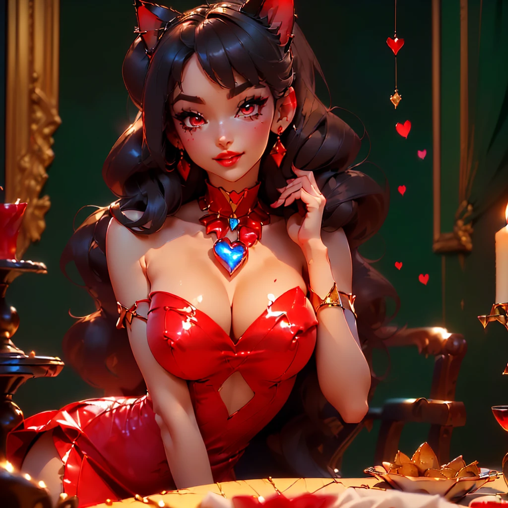 ((point of view)), ((junkotvv)) ((cat ears)), ((in love, she is in love, she loves the viewer))((romantic dinner date, champagne, Canddles)) ((tall and sexy russian supermodel)) ((beautiful face)) ((wide and happy smile)) ((bright red lipstick)) ((very dark eyeshadow makeup)) ((Big bright red eyes)) ((very long and messy black hair, fringe)) (()) ((very big chest:1.5)) ((perfect slim body torso1.3)) ((she is wearing a red strapless sequin dress)) ((red choker, earrings, red stockings)) (())((Inside the dark room sit on a chair having a romantic dinner, many Canddles around))(high resolution, DYNAMIC SHADOWS)((photorealistic:1.5)) ((Masterpiece:1.3)) (8k) (Perfect face) ((Best Quality:1.4)) (Perfect hands and eyes)