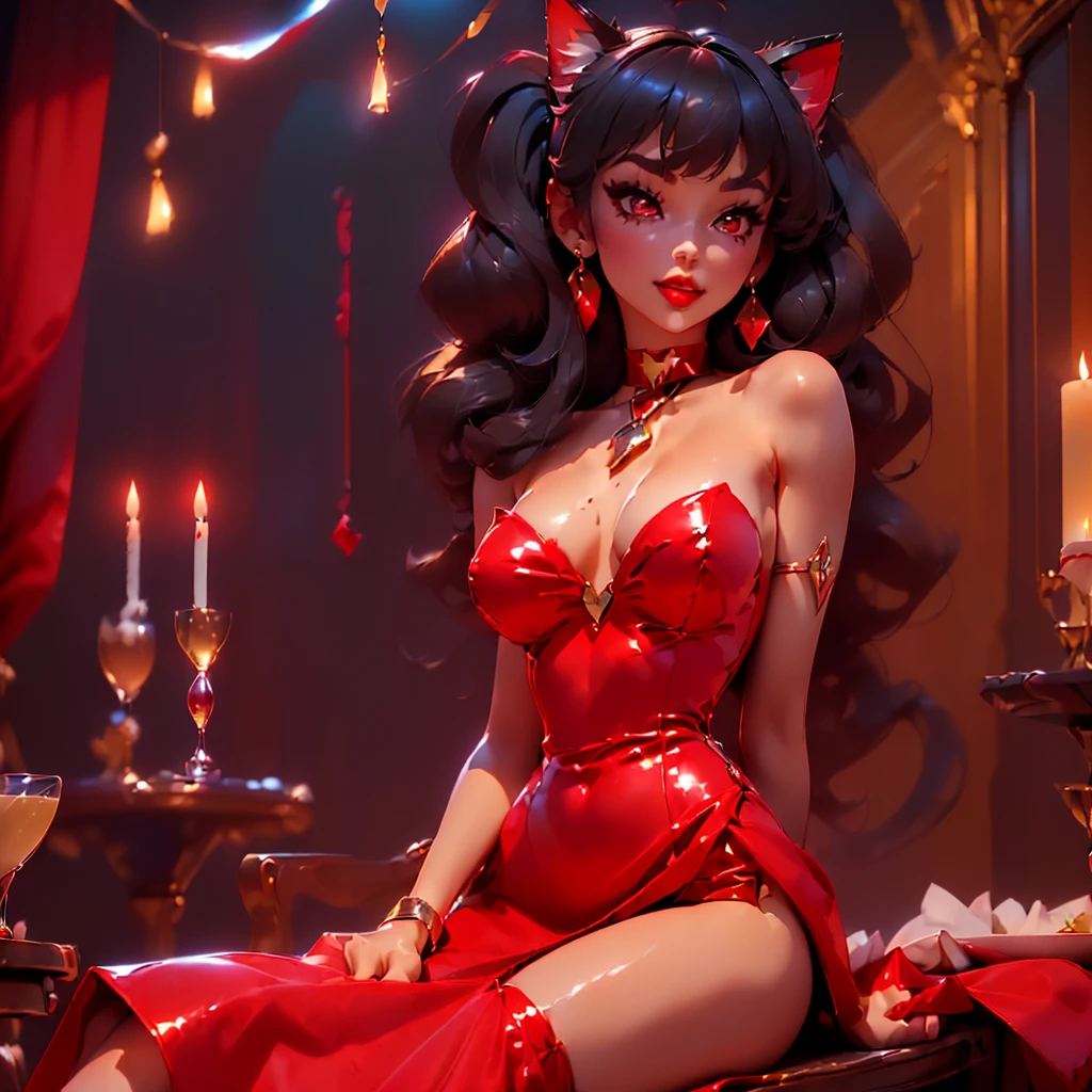 ((point of view)), ((junkotvv)) ((cat ears)), ((in love, she is in love, she loves the viewer))((romantic dinner date, champagne, Canddles)) ((tall and sexy russian supermodel)) ((beautiful face)) ((wide and happy smile)) ((bright red lipstick)) ((very dark eyeshadow makeup)) ((Big bright red eyes)) ((very long and messy black hair, fringe)) (()) ((very big chest:1.5)) ((perfect slim body torso1.3)) ((she is wearing a red strapless sequin dress)) ((red choker, earrings, red stockings)) (())((Inside the dark room sit on a chair having a romantic dinner, many Canddles around))(high resolution, DYNAMIC SHADOWS)((photorealistic:1.5)) ((Masterpiece:1.3)) (8k) (Perfect face) ((Best Quality:1.4)) (Perfect hands and eyes)
