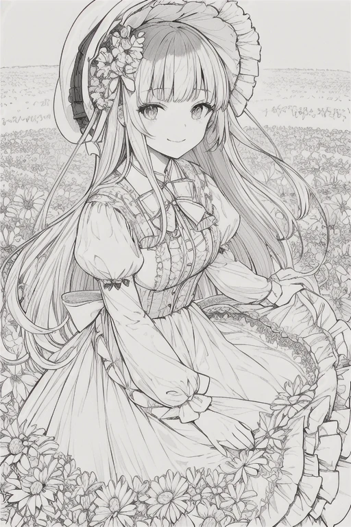 masterpiece, best quality, 1girl, solo, long_hair, looking_at_viewer, smile, bangs, skirt, shirt, long_sleeves, hat, dress, bow, holding, closed_mouth, flower, frills, hair_flower, petals, bouquet, holding_flower, center_frills, bonnet, holding_bouquet, flower field, flower field, lineart, monochrome,