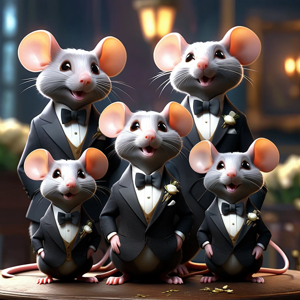 a group of mice in formal attire, ((sick)), detailed digital art, cinematic lighting, moody atmosphere, dramatic pose, highly detailed, intricate textures, high definition, photorealistic, 8k, masterpiece