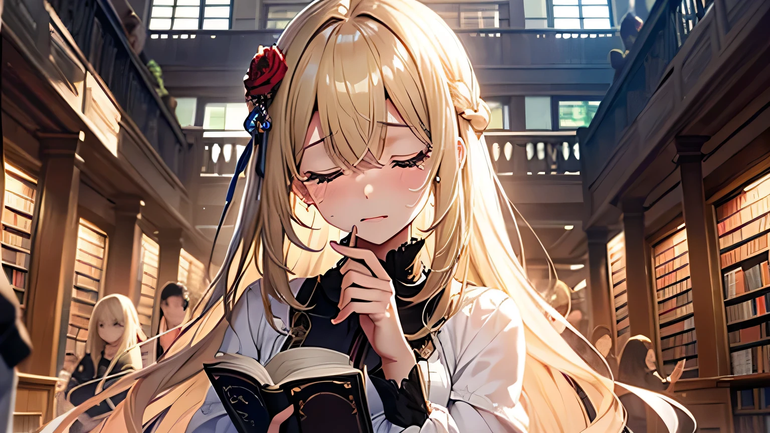 ((Highest quality)), ((masterpiece)), (detailed), One girl, library、I read a book、Tears、Close ~ eyes、blonde、Smooth Hair、
