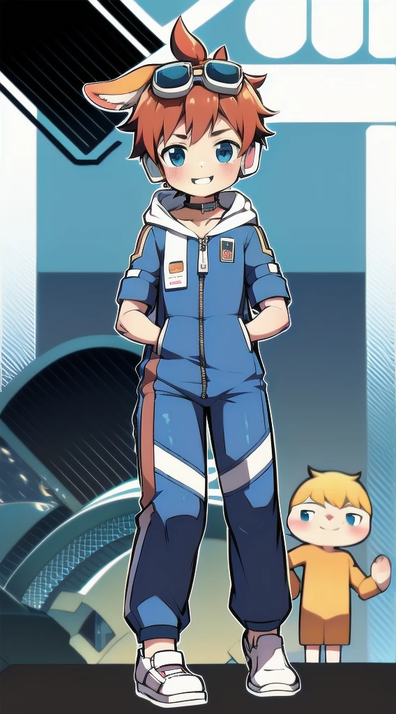 2D Shonen Shota,One-piece mountaineering suit,Slim, healthy body,Put the headphones on your head,stand up,goggles,Rabbit ears,Happy,Sailor collar,tie,zipper,hood,