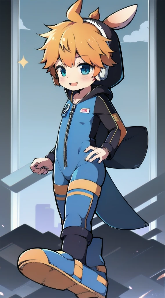 2D Shonen Shota,One-piece mountaineering suit,Slim, healthy body,Put the headphones on your head,stand up,goggles,Rabbit ears,Happy,Sailor collar,tie,zipper,hood,