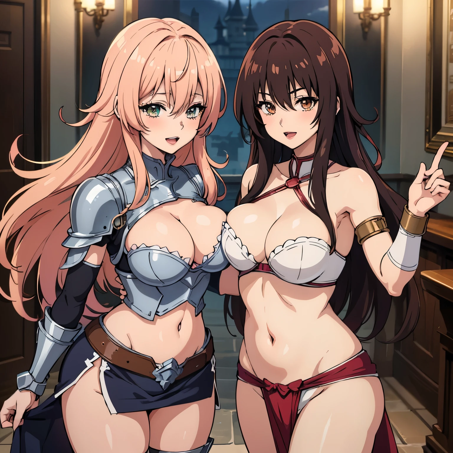 2girl, two girls, long hair, blush, lipstick, masterpiece, best quality, highly detailed, fantasy , a anime girls in armored dress holding a sword
posing for a picture, evil smile, smile, open mouth, breastplate with open cleavage, cleavage, warrior
outfit, ecchi anime style, anime girls, ecchi style, , ecchi, digital anime art!!, in
anime style, official artwork, visual novel cg, beautiful anime girl, anime style 4 k , loincloth, exposed
belly, exposed navel, exposed midriff, exposed lower belly, pencil skirt armored, castle,inside castle