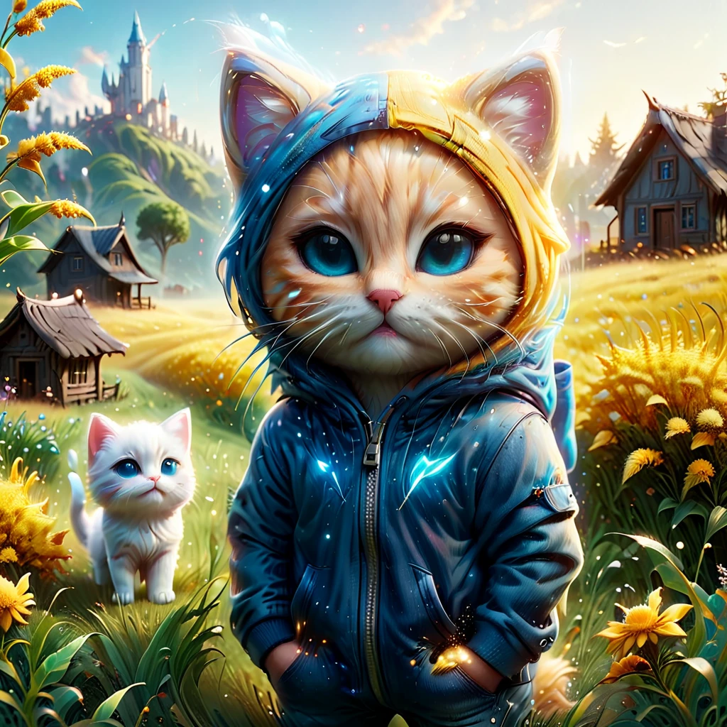 best quality, detailed, hyper detailed, beautiful, 8K, absurdres, village, a kitty, happy, smiling, standing, looking to the right, white hair, blue eyes, chibi, plump, hoodie, jeans, 5-year-old, in the grassland, in the afternoon, fantasy, photorealistic, ultra realistic photo, 3D render, anthropomorphism, full body shot, on right, wide view, rule of thirds, midday, shining lights, dramatic lighting, volumetric lighting, depth of field, dramatic contrast, DarkGoldenrod