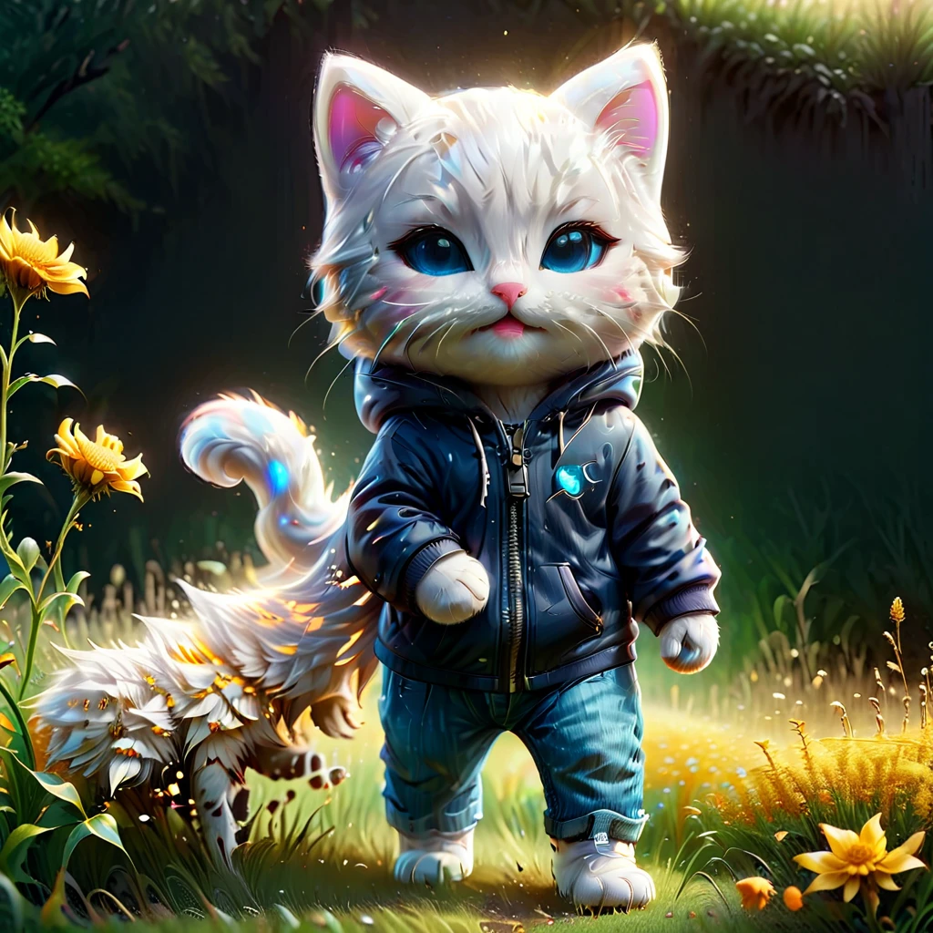 best quality, detailed, hyper detailed, beautiful, 8K, absurdres, village, a kitty, happy, smiling, standing, looking to the right, white hair, blue eyes, chibi, plump, hoodie, jeans, 5--old, the grassland, in the afternoon, fantasy, photorealistic, ultra realistic photo, 3D render, anthropomorphism, full body shot, on right, wide view, rule of thirds, midday, shining lights, dramatic lighting, volumetric lighting, depth of field, dramatic contrast, DarkGoldenrod