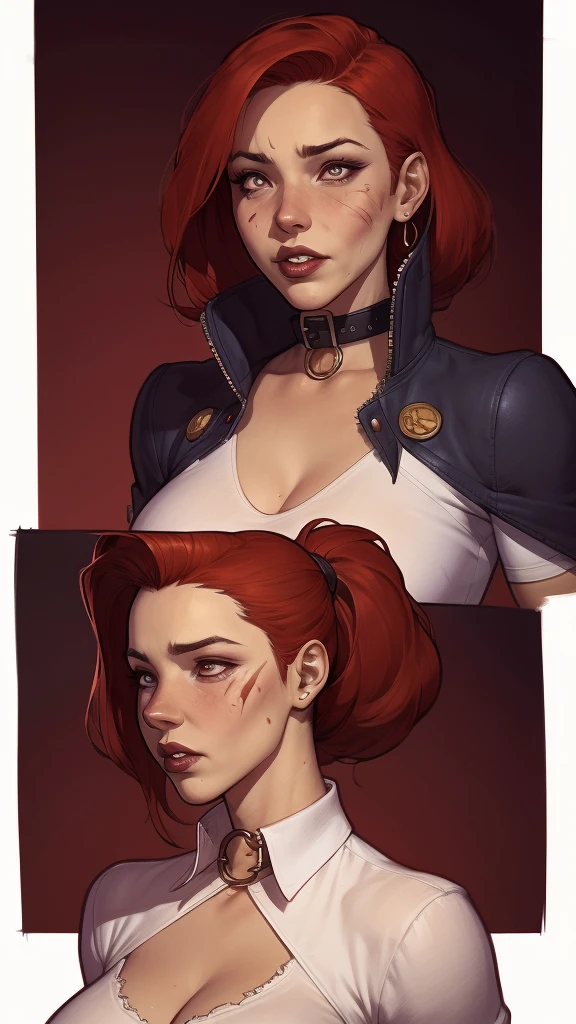 a cartoon image of a woman with red hair and a white shirt, fofosexyrobutts, cushart krenz arte chave feminino, krenz cushart and artgerm, artgerm and lois van baarle, comic pinup style, Estilo Ivan Talavera e Artgerm, arte pin-up, 极其详细的Artgerm, artgermo style drawing of a woman with blood on her face and a bloody collar, charlie bowater art style, arte do personagem Charlie Bowater, lois van rossdraws, Ross Draws 1. 0, female vampire, Carmilla Vampira, artgerm e rossdraws, style of charlie bowater, Vampire girl, Ross Draws 2. 0, Retrato de RossDraws, vampire portrait