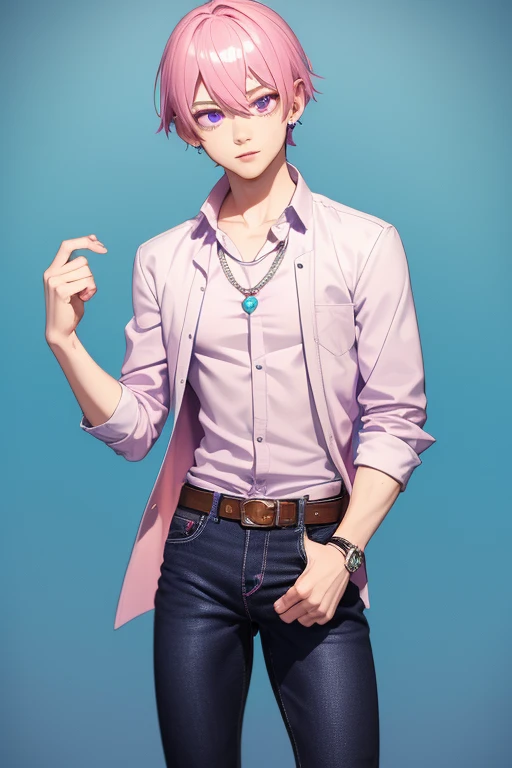 Gumball Handsome 18 year old boy with pale pink hair, pale pink skin, pierced ears, purple eyes, pale purple open jean vest, white shirt with candy print, black belt, red jeans, necklace with blue gem, looking directly at the viewer. a white background.