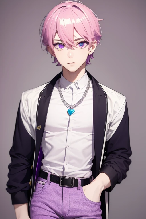 Gumball Handsome 18 year old boy with pale pink hair, pale pink skin, pierced ears, purple eyes, pale purple open jean vest, white shirt with candy print, black belt, red jeans, necklace with blue gem, looking directly at the viewer. a white background.
