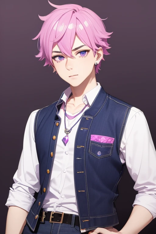 Gumball Handsome 18 year old boy with pale pink hair, pale pink skin, pierced ears, purple eyes, pale purple open jean vest, white shirt with candy print, black belt, red jeans, necklace with blue gem, looking directly at the viewer. a white background.