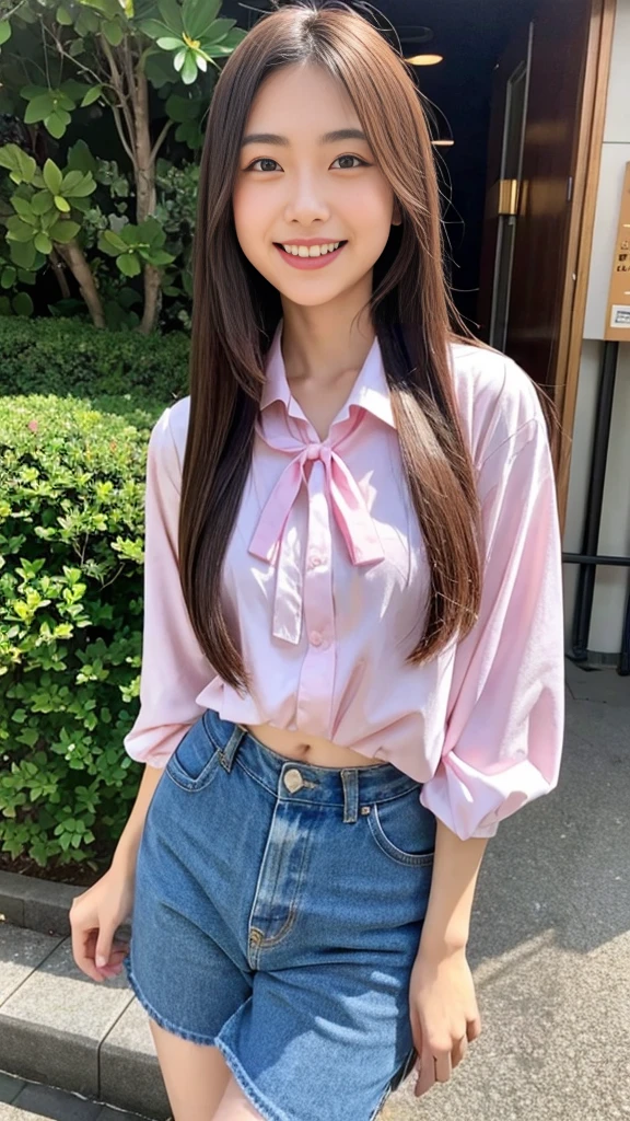 Raw photo、Ultra-realistic、Ultra detailed face、Detail lips、Detailed eyes、High school girl smiling showing her teeth、Long Hair:1.1、chest、Visible curves、Laughing with your mouth open 、Tokyo city角、 Whole body、( Slender body)、(Long Hair)、Big Breasts、Idol、(pastel colour)、18-year-old、Small face、Braid、 Tokyo city、Long beautiful legs 1.2、Curved waist、flower、uniform、blouse