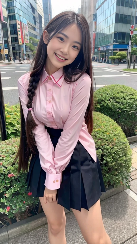 Raw photo、Ultra-realistic、Ultra detailed face、Detail lips、Detailed eyes、High school girl smiling showing her teeth、Long Hair:1.1、chest、Visible curves、Laughing with your mouth open 、Tokyo city角、 Whole body、( Slender body)、(Long Hair)、Big Breasts、Idol、(pastel colour)、18-year-old、Small face、Braid、 Tokyo city、Long beautiful legs 1.2、Curved waist、flower、uniform、blouse