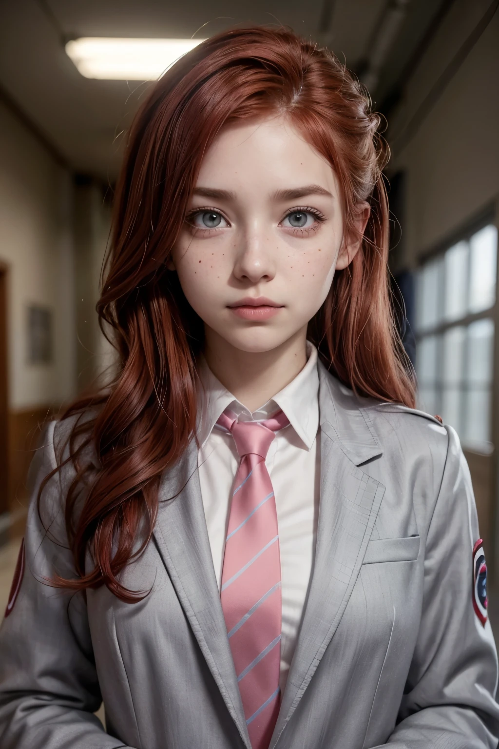 Screenshot of my hero academia, beautiful woman with freckles, Red hair, wavy pink tips, pink eyes, Nose piercing, long eyelashes, wearing gray jacket uniform, Red tie, blushing expression. High school hallway in background