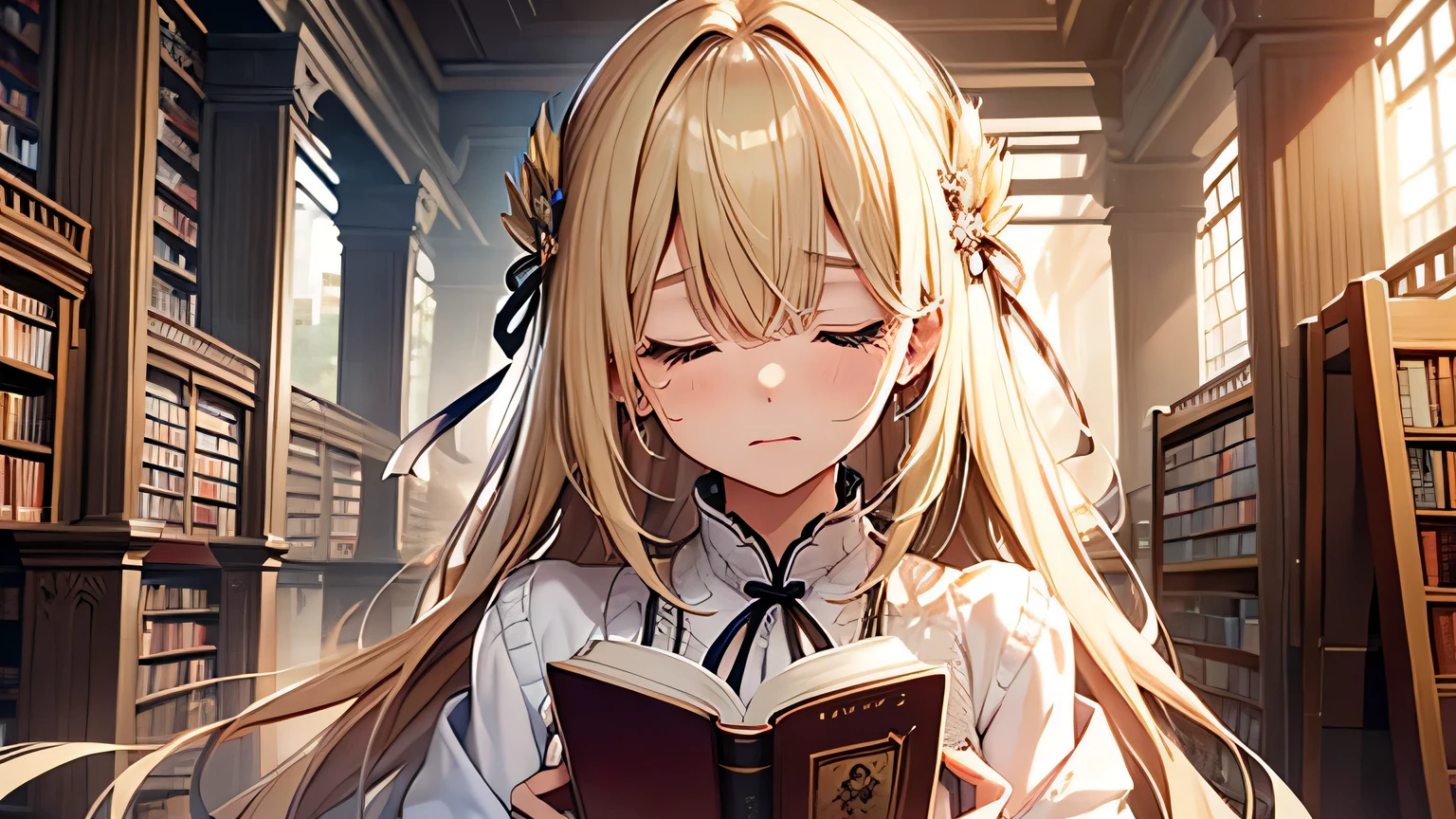 ((Highest quality)), ((masterpiece)), (detailed), One girl, library、I read a book、Tears、Close ~ eyes、blonde、Smooth Hair、